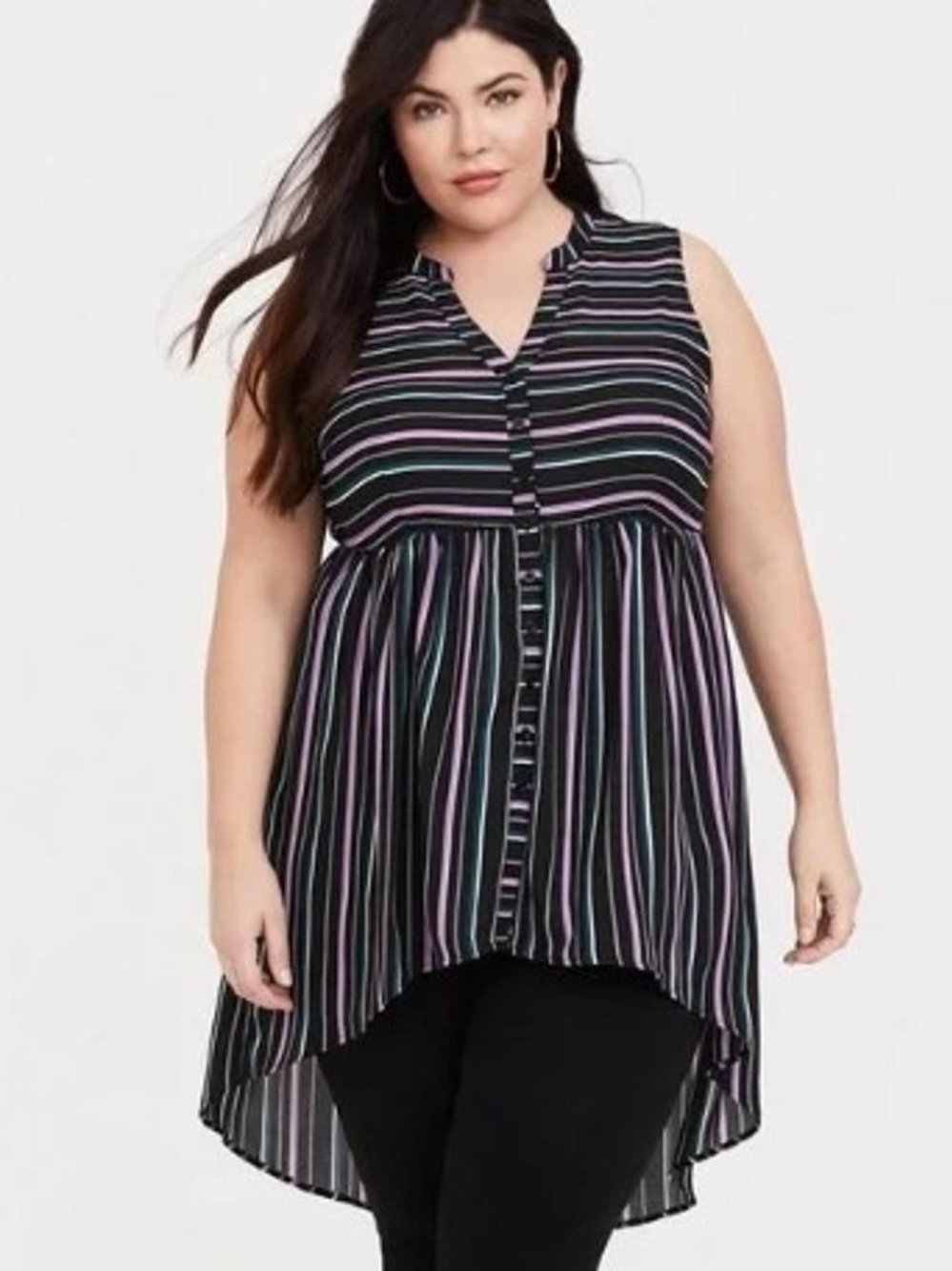 torrid Black Sleeveless Multicolor Stripe Button-Front Tunic